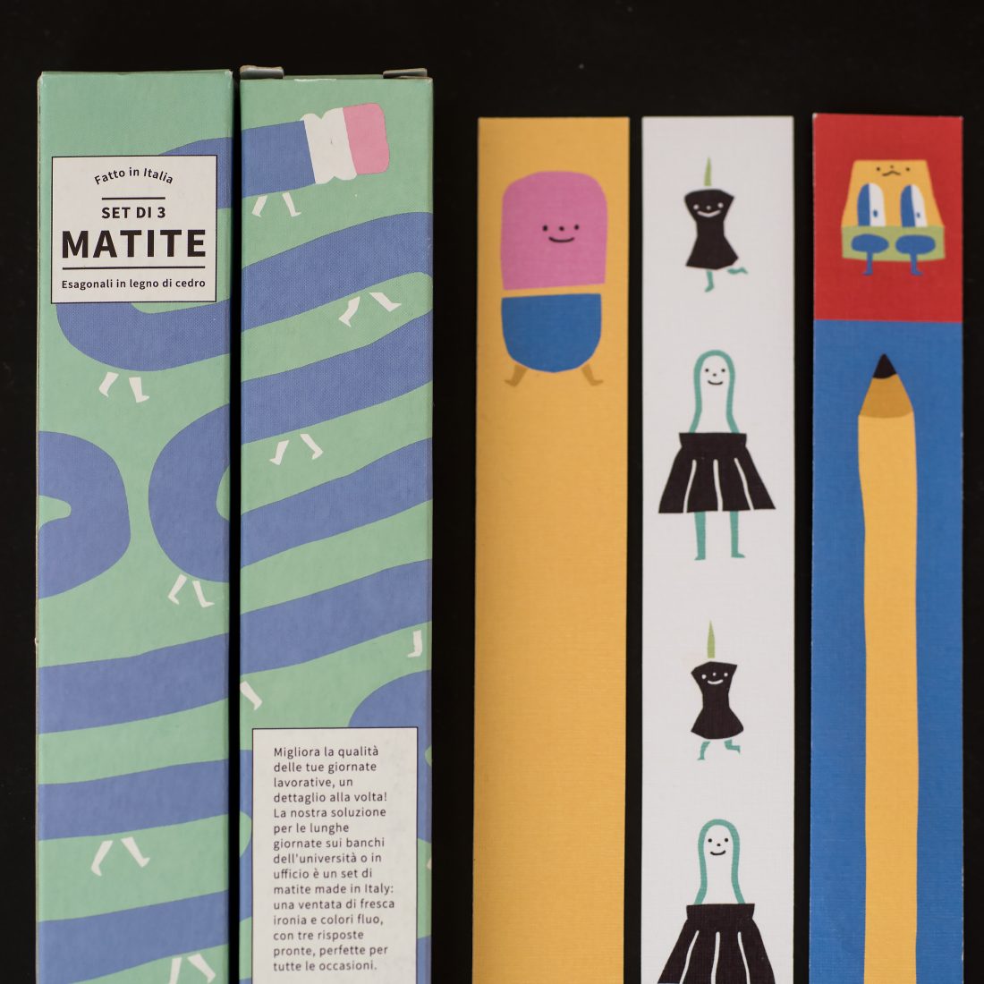 Il set di matite e la scatola illustrata da Simone Razzano per Hoppípolla. Stampa a cura di Printaly